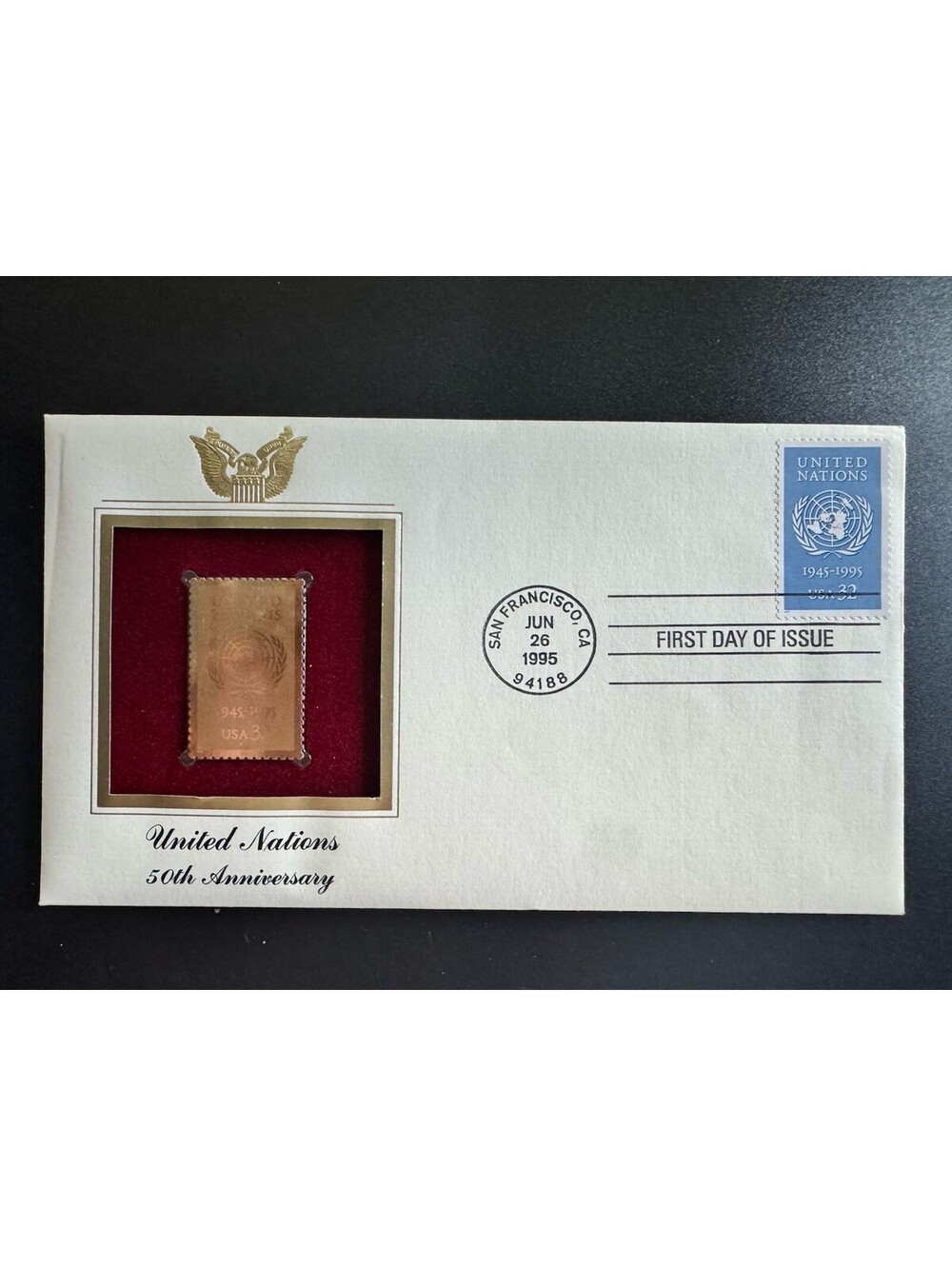 First Day of Issue United Nations 50th Anniversary 22kt Gold Replica Stamp